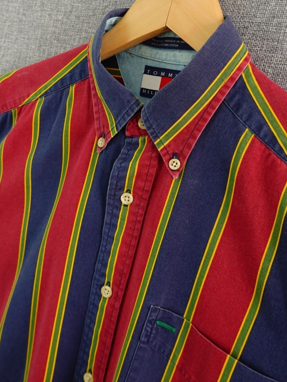 Vintage Tommy Hilfiger Striped Button Down Shirt Small-XL Red Navy Yellow Crest